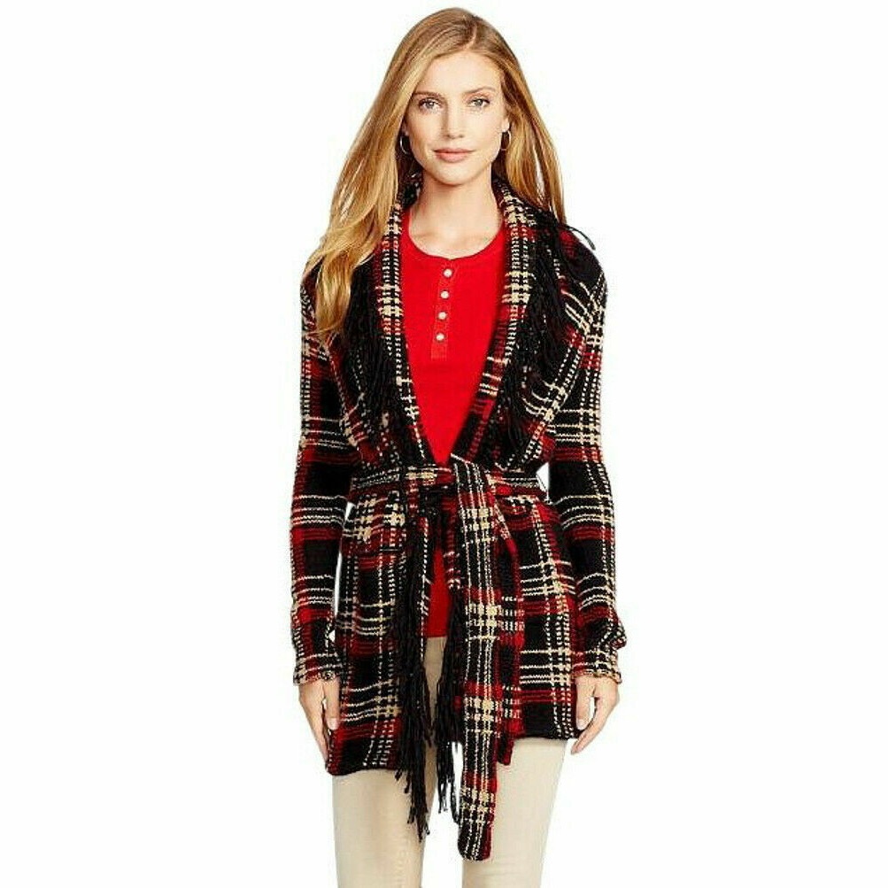 Ralph Lauren Black Red And Cream Plaid Fringe Belted Cardigan